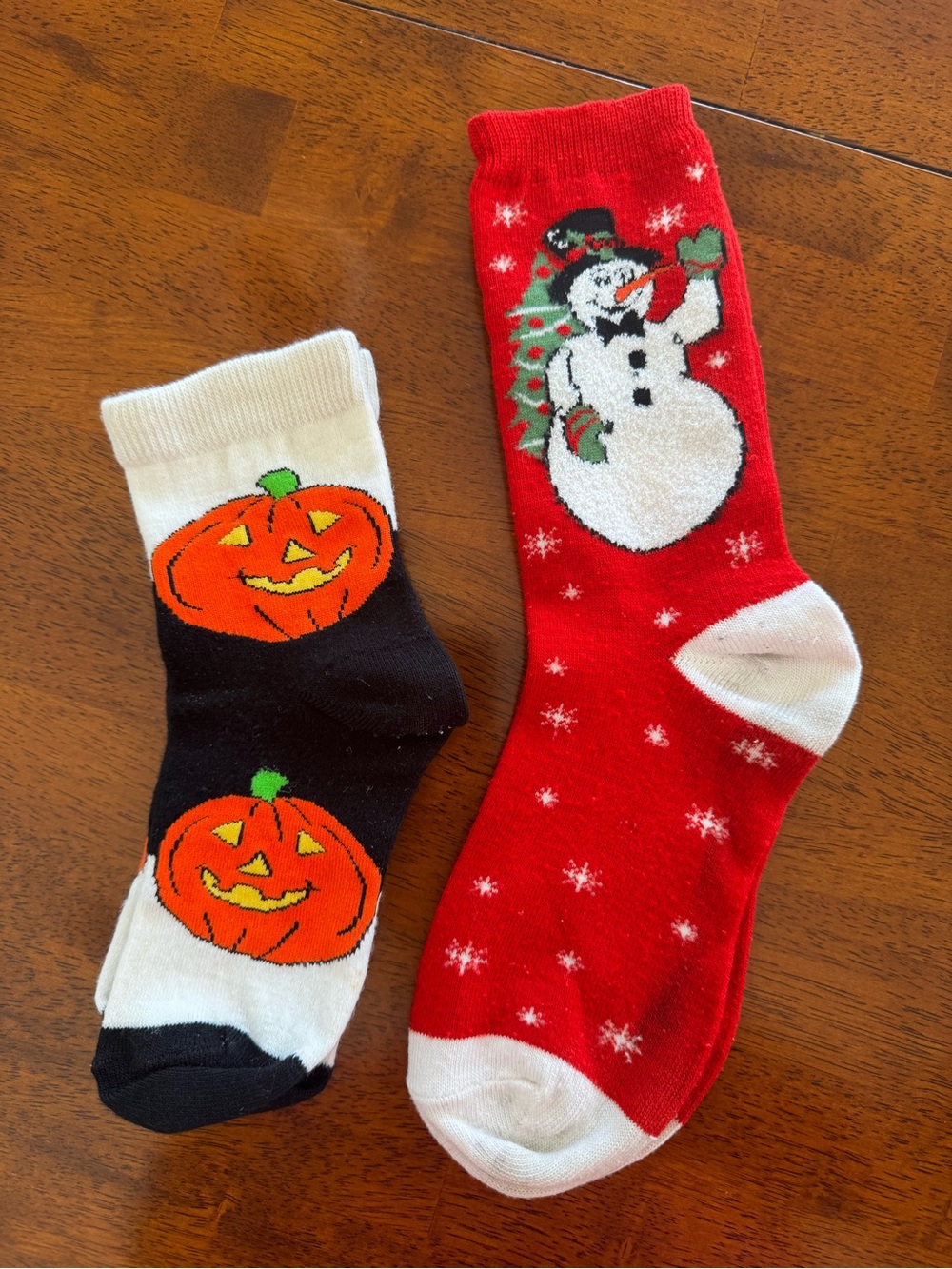 Festive Holiday Cotton Blend Novelty Socks - Red Snowman & Black Pumpkin